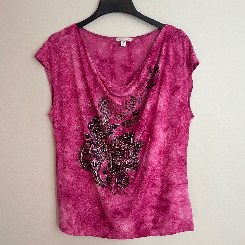 Dress Barn Magenta Pink Tie Dye Paisley Cowl Neck Blinged Top 2X Y2K Embellish